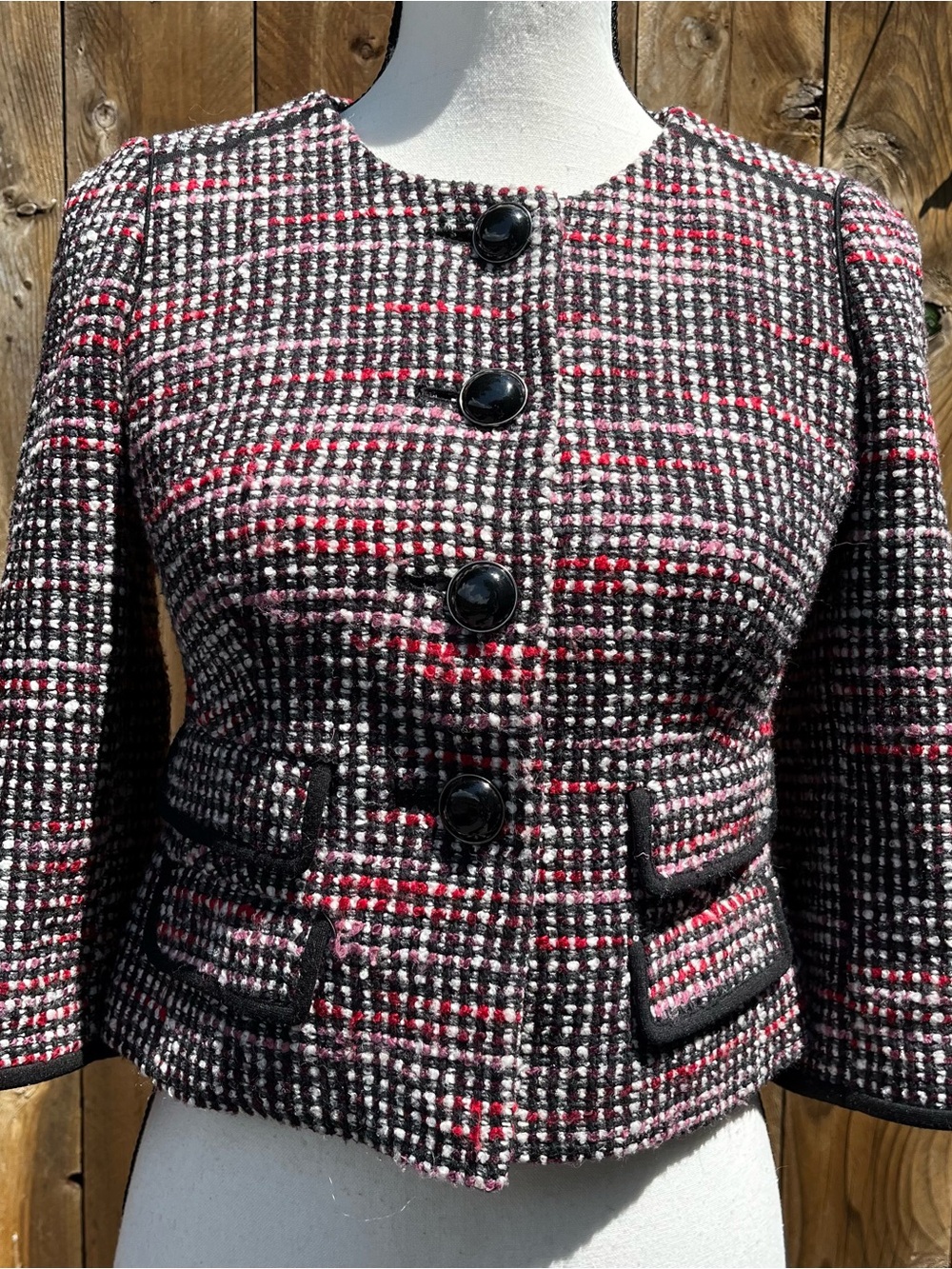 Loft Women’s Tweed Button-Front Jacket in Black & Pink Accepting Offers